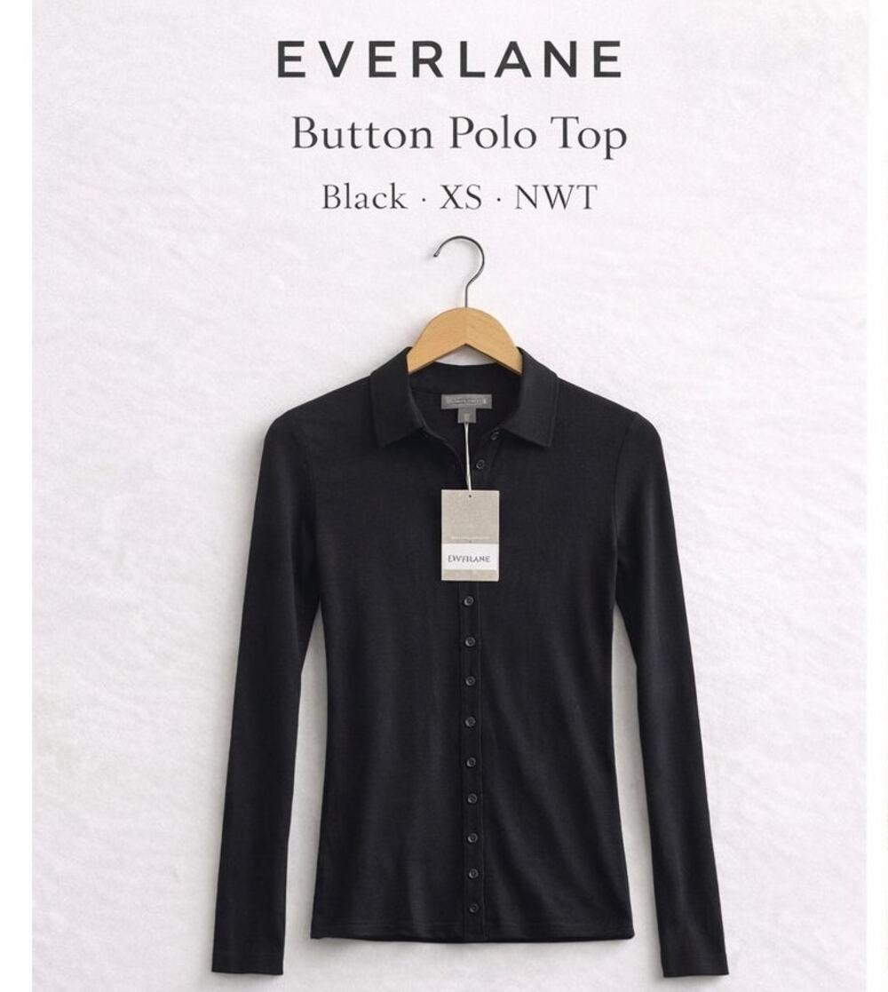 Everlane Polo Top XS Black Button Front Long Sleeve Tencel Wool NWT